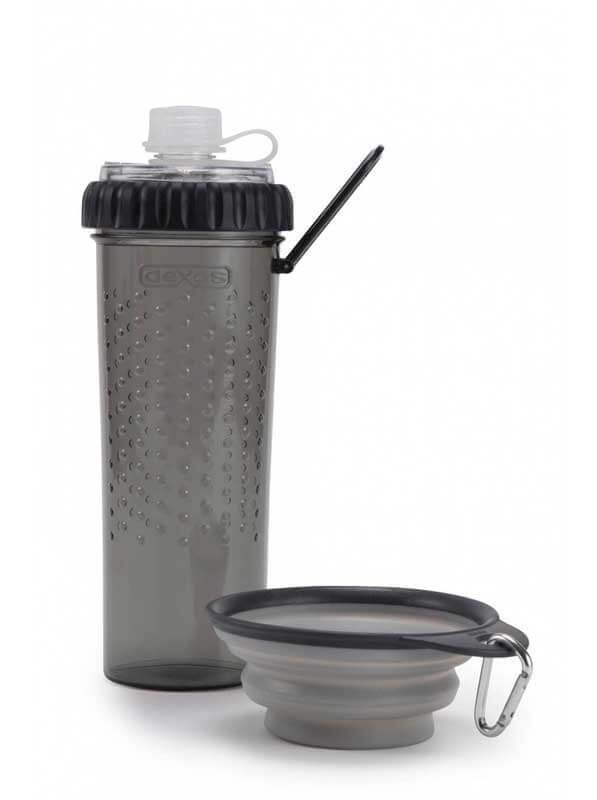 DEXAS Пляшка подвійна Снек Дуо під рідину і корм зі складною мискою 720мл (світло-сіра)
