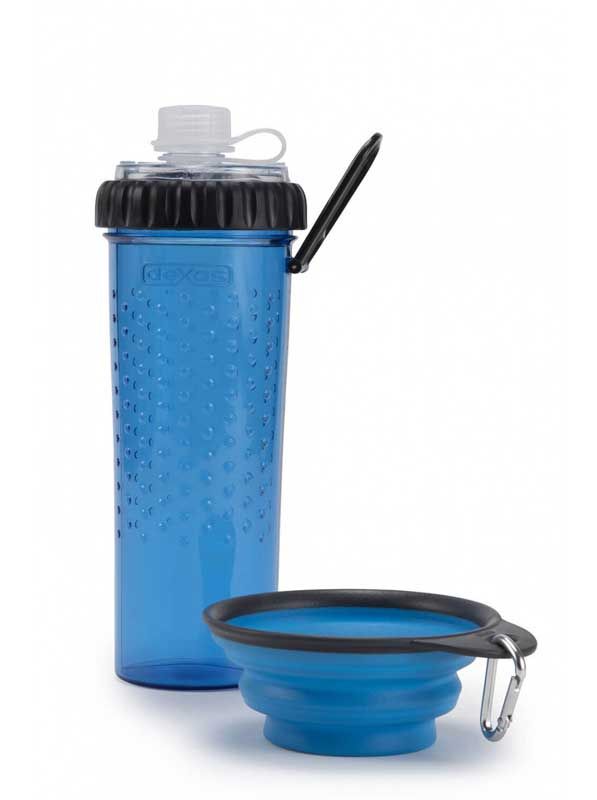 DEXAS Пляшка подвійна СнекДуо під рідину і корм зі складною мискою 720мл (блакитна)